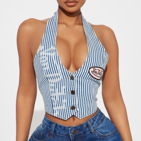Von Dutch: Tie Back Denim Striped Vest Top